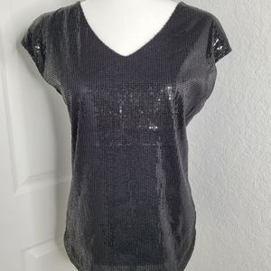 THE LIMITED Black Sequins V Neck Short Sleeve Top